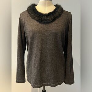 Les Tulipes Wool Silk Top Real Fur Trim Gray Made in Italy S/M